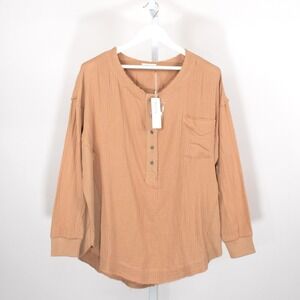 Blu‎ Ivy Women Peach Gauze Henley Pocket Tunic Top Shirt S M